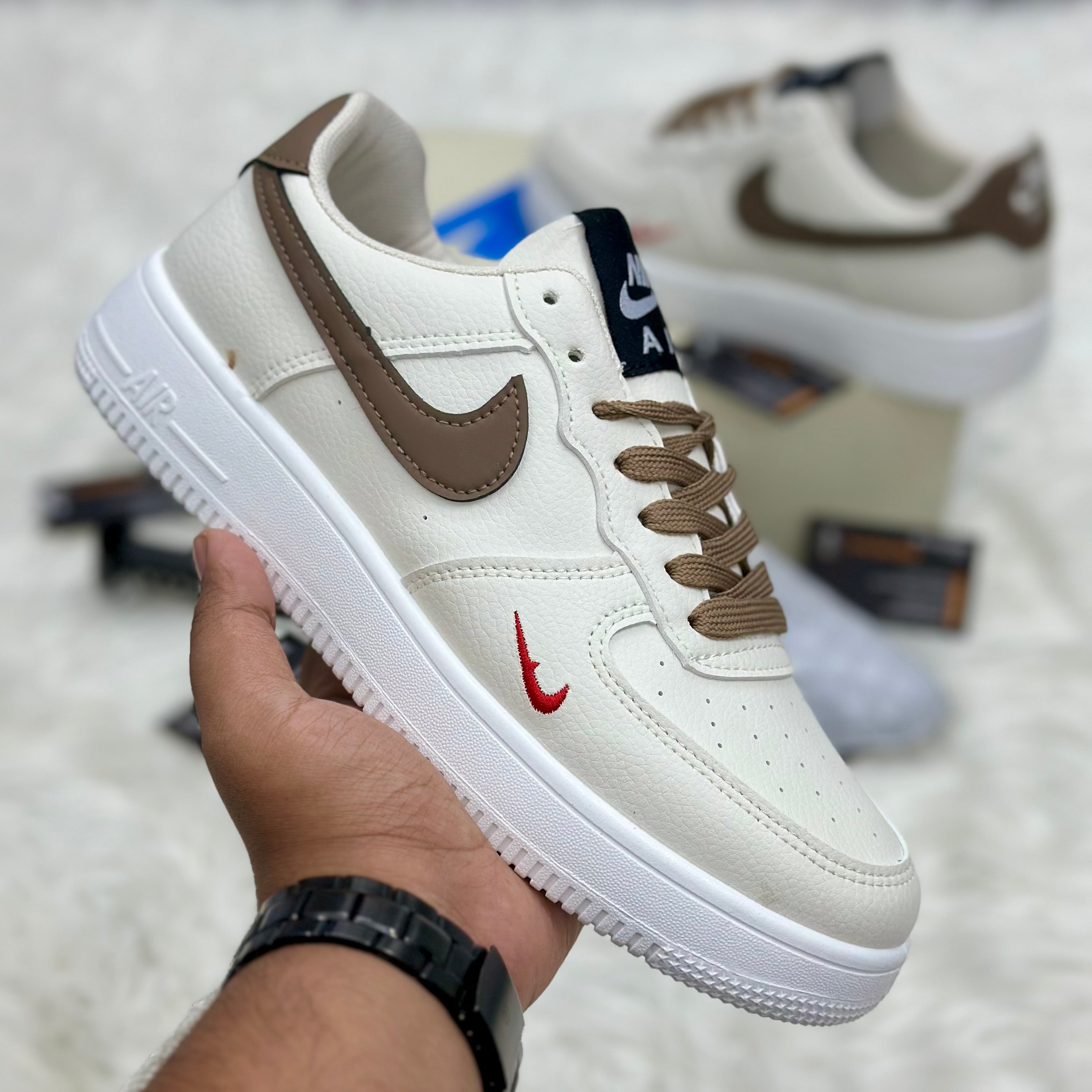 Nike Air Force 1 ’07 LV8 “Mini Swoosh” — Sail/Brown/Red.